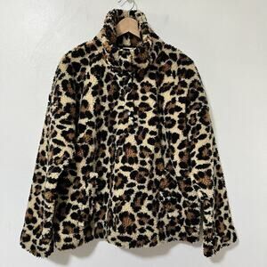 J‎ Crew Snap Collar Leopard Print Sherpa Fleece Sweatshirt Size XL Comfy NEW